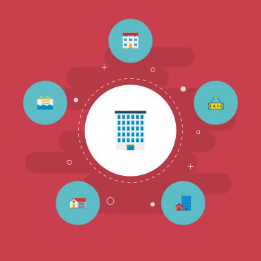 Taşınmaz simgeler düz stil sembolleri bina, havuzu, ev ve web mobil app logo tasarımı için diğer simgeler kümesi.