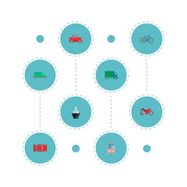 Gemi, motosiklet, otomobil ve diğer simgeler web mobil app logo tasarımı için otomatik simgeler düz stil sembollerle kümesi.