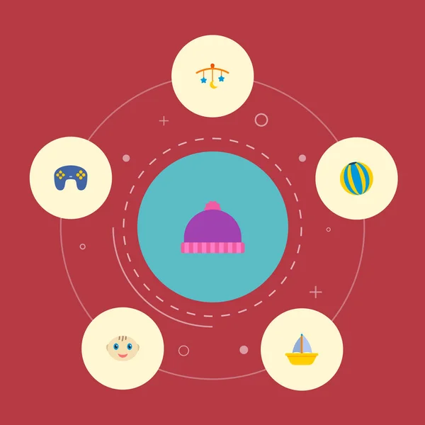 Ensemble d'icônes pour bébés symboles de style plat avec bateau, chapeau d'hiver, balle et autres icônes pour la conception de logo de votre application mobile web . — Image vectorielle