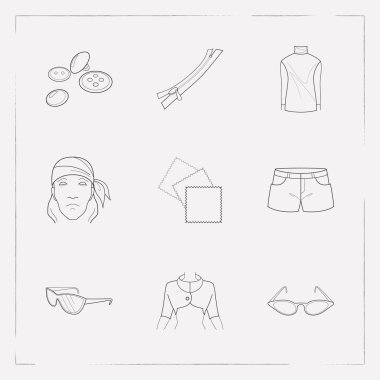 Giysi simgeler çizgi stili sembolleri ile malzeme örnekleri, düğmeler, bolero ve diğer simgeler web mobil app logo tasarımı için kümesi.