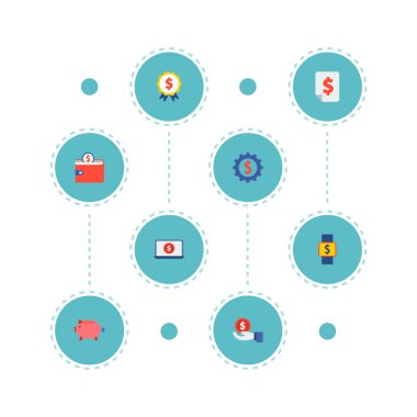 Finansal simgeler düz stil kümesi ile kurmak kumbara, dizüstü bilgisayar, semboller ve diğer simgeleri web mobil app logo için tasarım.