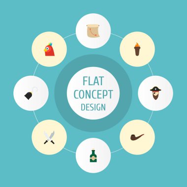 Korsan, İçilmeyen boru, meşale ve diğer simgeler web mobil app logo tasarımı için korsan simgeler düz stil sembollerle kümesi.