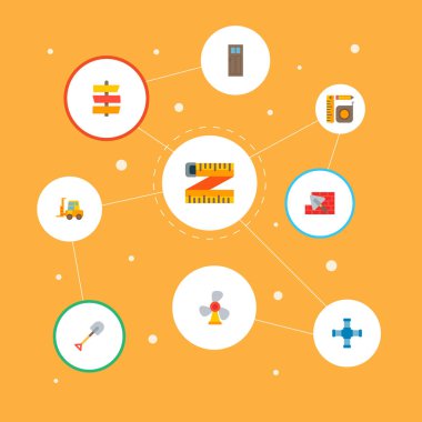 Ölçüm araçları, forklift, çapraz boru hattı ve diğer simgeler web mobil app logo tasarımı için inşaat simgeler düz stil sembollerle kümesi.