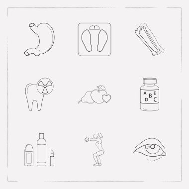 Fitness, vitaminler, ağırlık ölçek ve diğer simgeler web mobil app logo tasarımı için anatomik simgeler çizgi stili sembollerle kümesi.