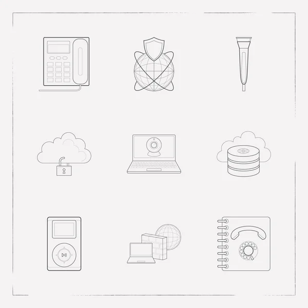 Conjunto de símbolos de estilo de línea de iconos electrónicos con reproductor de música, teléfono de aterrizaje, iconos de almacenamiento en la nube para el diseño del logotipo de su aplicación móvil web . — Foto de Stock