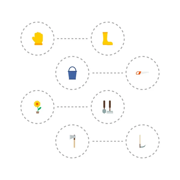 Set di icone dell'orticoltura simboli in stile piatto con strumenti da giardino, vaso di piante, falce e altre icone per il tuo design del logo dell'app mobile web . — Foto Stock