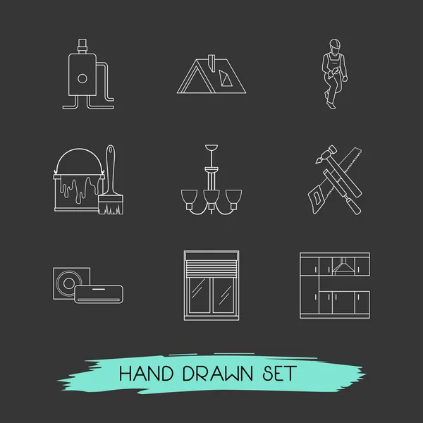 Set of interior icons line style symbols with carpenter tool, kitchen, bucket with brush and other icons for your web mobile app logo design. — Stock Photo, Image