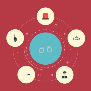 Polis arabası, radyo, flasher siren ve diğer simgeler web mobil app logo tasarımı için suç simgeler düz stil sembollerle kümesi.