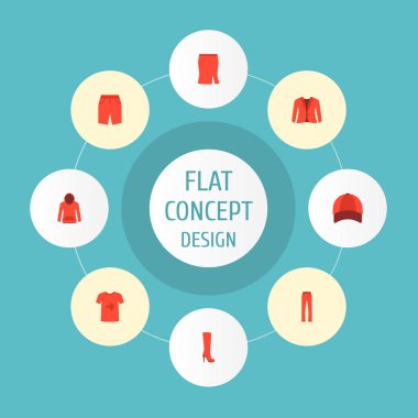 Elbise simgeler düz stil semboller t-shirt, topuklu ayakkabı, ceket ve web mobil app logo tasarımı için diğer simgeler kümesi.