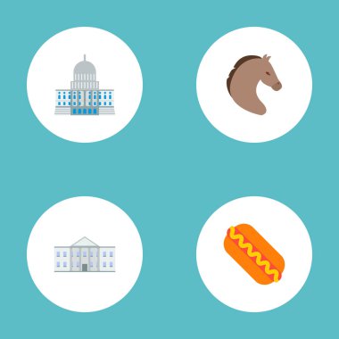 Amerika simgeler düz stil sembolleri sıcak köpek, mustang, capitol ve web mobil app logo tasarımı için diğer simgeler kümesi.