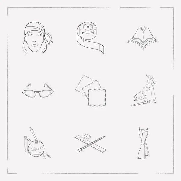 Conjunto de iconos de ropa símbolos de estilo de línea con gafas de sol de ojo de gato, boceto de moda, cinta métrica y otros iconos para el diseño del logotipo de su aplicación móvil web . — Archivo Imágenes Vectoriales