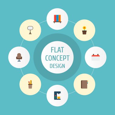 Kahve makinesi, adres defteri, saksı ve diğer simgeler web mobil app logo tasarımı için Büro simgeler düz stil sembollerle kümesi.