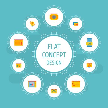 Web sitesi geliştirme simgeler düz stil sembollerle tasarım yazılımı, Web sitesi optimizasyonu, mobil app kodlama ve web mobil app logo tasarımı için diğer simgeler kümesi.