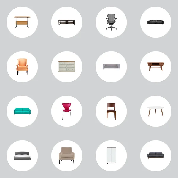 Zestaw symboli realistyczna ozdoba z siedzenia, szafy, salon i inne ikony dla projektu logo mobilnych aplikacji sieci web. — Wektor stockowy