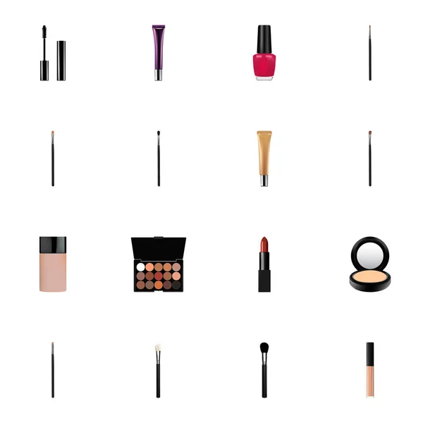 Conjunto de símbolos realistas de maquillaje con equipo de moda, kit de estilo de contorno, lápiz labial y otros iconos para el diseño del logotipo de su aplicación móvil web . — Vector de stock