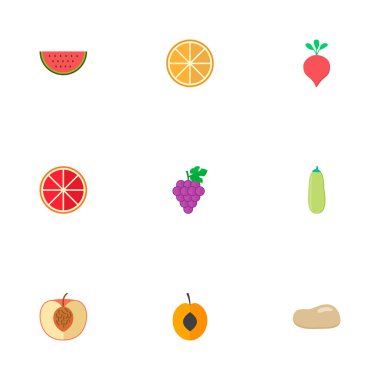 Patates, greyfurt, üzüm ve diğer simgeler web mobil app logo tasarımı için meyve simgeler düz stil sembollerle kümesi.