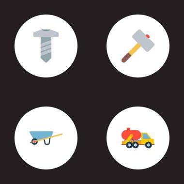 İnşaat simgeler düz stil sembolleri vidalı, tank kamyon, tuğla çekiç ve web mobil app logo tasarımı için diğer simgeler kümesi.