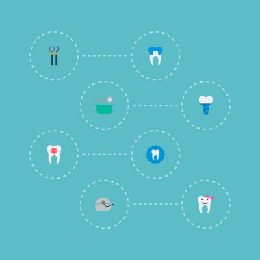 Diş simgeler düz stil sembollerle damgası, implant, Alümina ve web mobil app logo tasarımı için diğer simgeler kümesi.