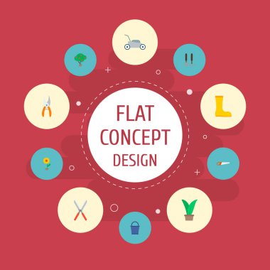 Kova, meyve ağacı, çim-kesici ve diğer simgeler web mobil app logo tasarımı için bahçe simgeler düz stil simgeler kümesi.