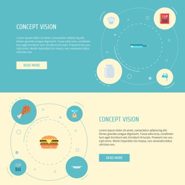 Kap, burger, plaka ve diğer simgeler web mobil app logo tasarımı için pişirme ile mutfak simgeler düz stil simgeler kümesi.