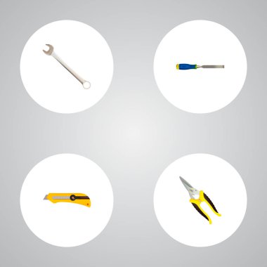 Aletleri marangoz, kesici, yamultma ve diğer simgeler web mobil app logo tasarımı için gerçekçi simgeler kümesi.