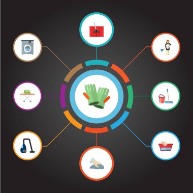 Simgeler düz stil sembollerle hizmetçi, silme, temizlik ve diğer simgeler web mobil app logo tasarımı için temizlik seti.