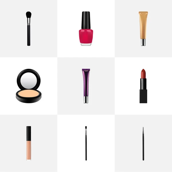 Conjunto de símbolos realistas de maquillaje con kit de estilo de contorno, crema, esmalte de uñas y otros iconos para el diseño del logotipo de su aplicación móvil web . — Vector de stock