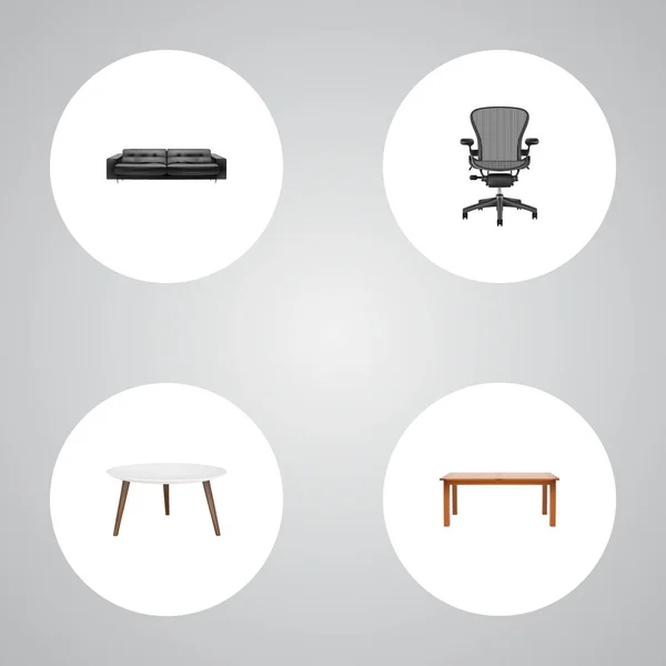 装飾家具、ラウンド テーブル、オフィスチェア現実的なシンボルの web モバイル アプリのロゴ デザインのため他のアイコン セット. — ストックベクタ