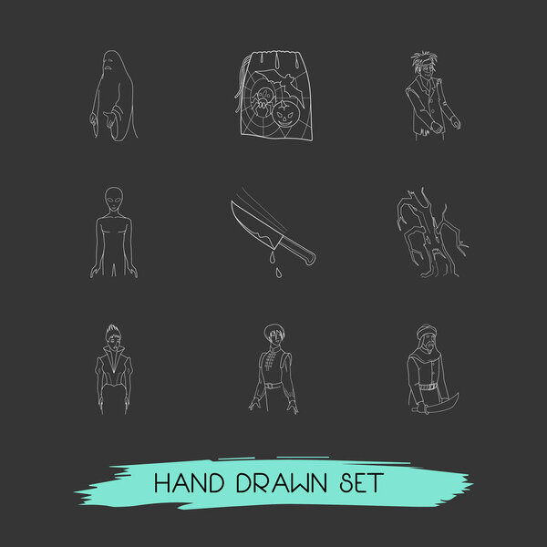 Набор пиршеств символы линии стиль с подарочным мешком, рубящий нож с кровью, призрак и другие значки для дизайна логотипа вашего веб-мобильного приложения
.