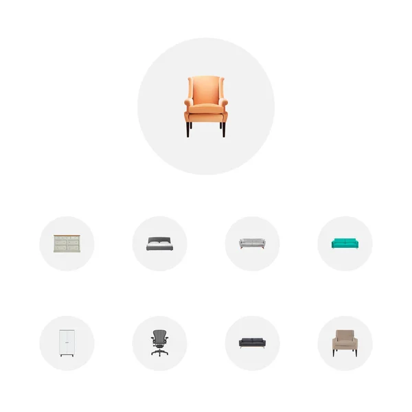 Conjunto de símbolos realistas de decoración con sillón, sofá, silla de oficina y otros iconos para el diseño del logotipo de su aplicación móvil web . — Vector de stock