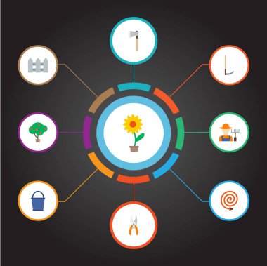 Bahçe bitkileri simgeler düz stil sembolleri balta, hosepipe, bahçıvan ve web mobil app logo tasarımı için diğer simgeler kümesi.