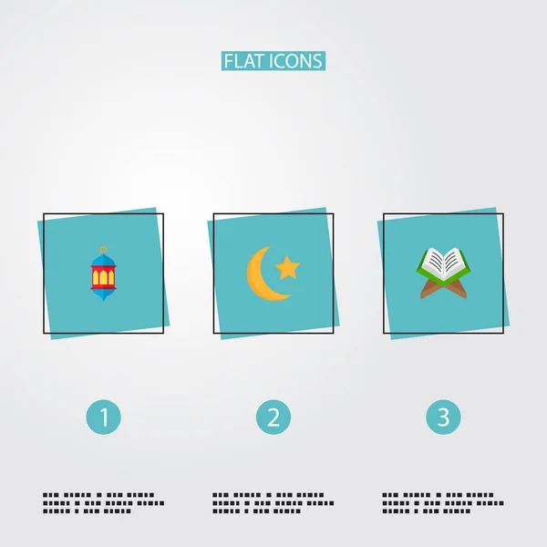 Набор религиозных икон в стиле плоской символики с рамадан луна, Коран, фонарь и другие иконки для дизайна логотипа вашего веб-мобильного приложения . — стоковый вектор