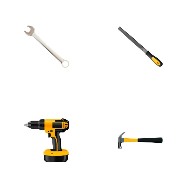 Conjunto de herramientas de símbolos realistas con el archivo de raspa, martillo, llave inglesa y otros iconos para el diseño del logotipo de su aplicación móvil web . —  Fotos de Stock