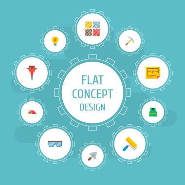 Endüstriyel simgeler düz stil sembollerle kat ahşap türleri, elektrik, kat planı ve web mobil app logo tasarımı için diğer simgeler kümesi.