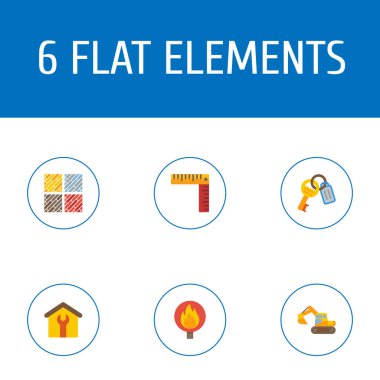 Kat ahşap türleri, alev uyarı, tarak ve diğer simgeler web mobil app logo tasarımı için sanayi simgeleri düz stil sembollerle kümesi.