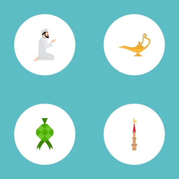 Conjunto de iconos religiosos símbolos de estilo plano con ketupat, lámpara de aceite, minarete y otros iconos para el diseño del logotipo de su aplicación móvil web . — Vector de stock