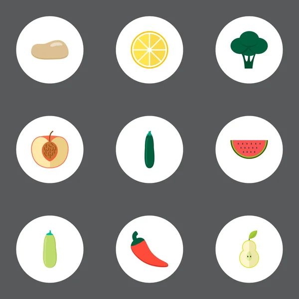 Set dessert pictogrammen vlakke stijl symbolen met citroen, broccoli, nectarine en andere pictogrammen voor uw web mobiele app logo ontwerp. — Stockvector