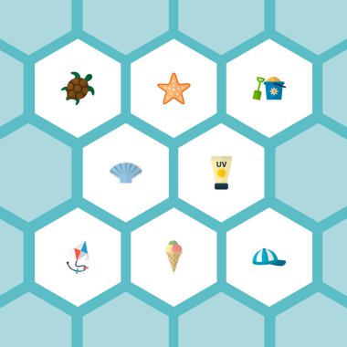 Güneş kremi, kap, uçurtma ve diğer simgeler web mobil app logo tasarımı için yaz simgeler düz stil sembollerle kümesi.