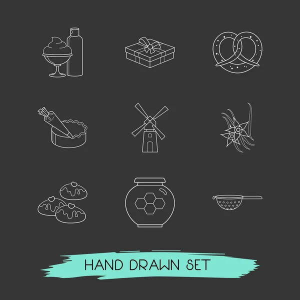 Set of bakery icons line style symbols with cake box, colander, pretzel icons for your web mobile app logo design. — Stock Photo, Image