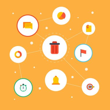 Hedef, yorum, pasta grafiği ve diğer simgeler web mobil app logo tasarımı için yönetim simgeleri düz stil sembollerle kümesi.