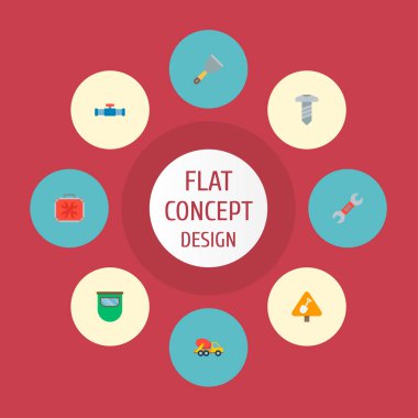 Beton Mikseri, boru hattı, vida ve diğer simgeler web mobil app logo tasarımı için sanayi simgeleri düz stil sembollerle kümesi.