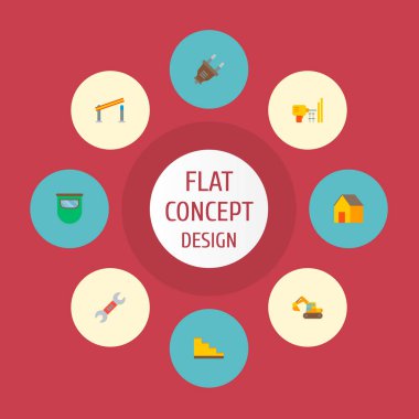 Endüstriyel simgeler düz stil sembollerle açık bariyer, iki taraflı anahtarı, merdiven ve web mobil app logo tasarımı için diğer simgeler kümesi.