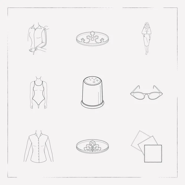 Set di icone di abbigliamento simboli di stile linea con un unico pezzo costume da bagno, lunghezza della manica, diadema e altre icone per il vostro disegno web mobile app logo . — Foto Stock