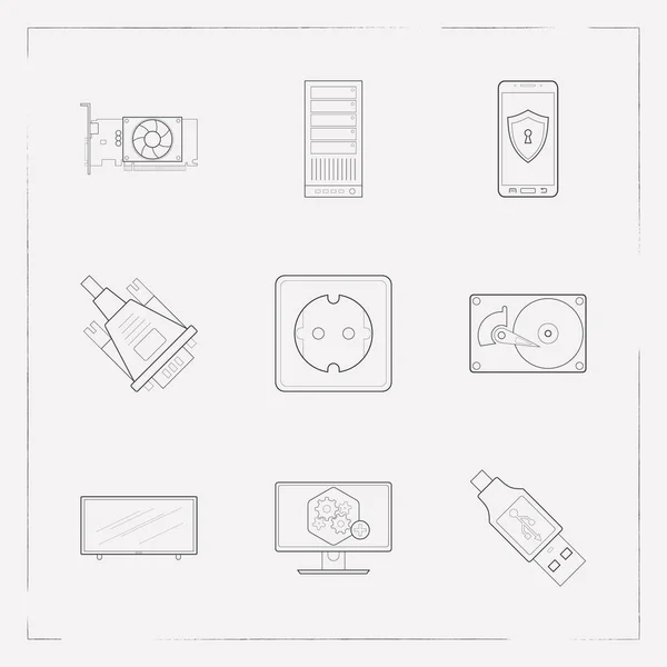 Conjunto de iconos tecnológicos símbolos de estilo de línea con toma de corriente, tarjeta de video, seguridad móvil y otros iconos para el diseño del logotipo de su aplicación móvil web . — Foto de Stock