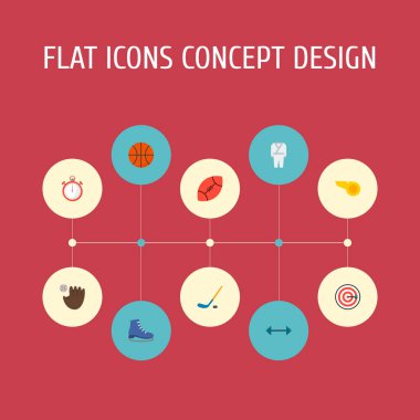 Paten, basketbol, beyzbol ve diğer simgeler web mobil app logo tasarımı için faaliyet simgeleri düz stil sembollerle kümesi.