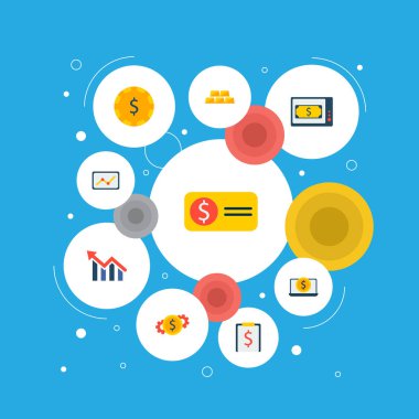 Ekonomi simgeler düz stil sembolleri laptop para, grafik, Infographic ve web mobil app logo tasarımı için diğer simgeler kümesi.