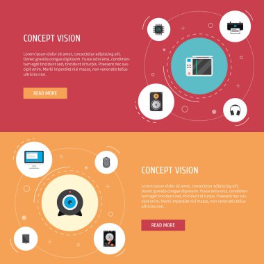 Hoparlör, kamera, kontrol cihazı ve diğer simgeler web mobil app logo tasarımı için dizüstü bilgisayar simgeleri düz stil sembollerle kümesi.