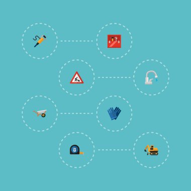 İnşaat simgeler düz stil sembolleri işçi işareti, Paletli ekskavatör, mezura ve web mobil app logo tasarımı için diğer simgeler kümesi.