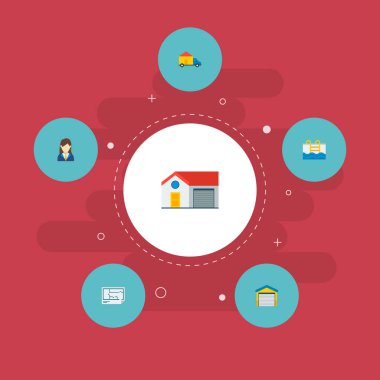 Broker, ev, teslimat ve diğer simgeler web mobil app logo tasarımı için özelliği simgeler düz stil sembollerle kümesi.