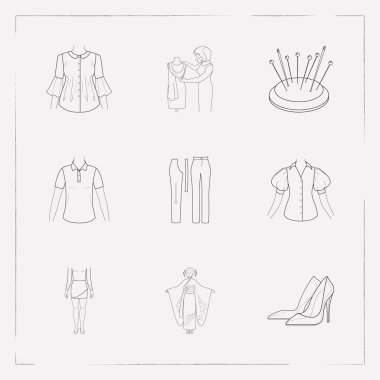 Dizi kıyafetleri simgeler çizgi stili sembolleri mini etek, kimano, giysi ve diğer simgeler web mobil app logo tasarımı için.